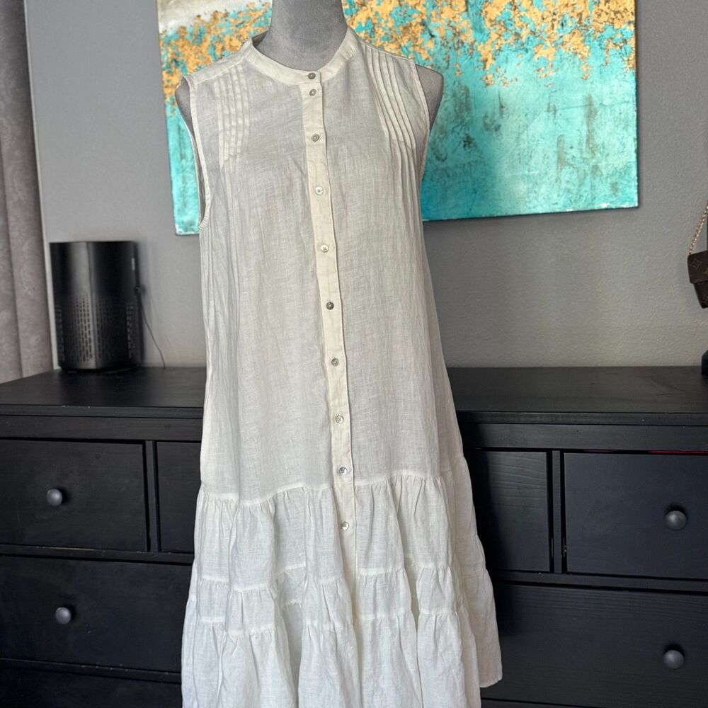 MagaSchoni 100% Linen Midi Dress Womens M Sleeveless Button Front Tiered Coastal - Picture 2 of 16